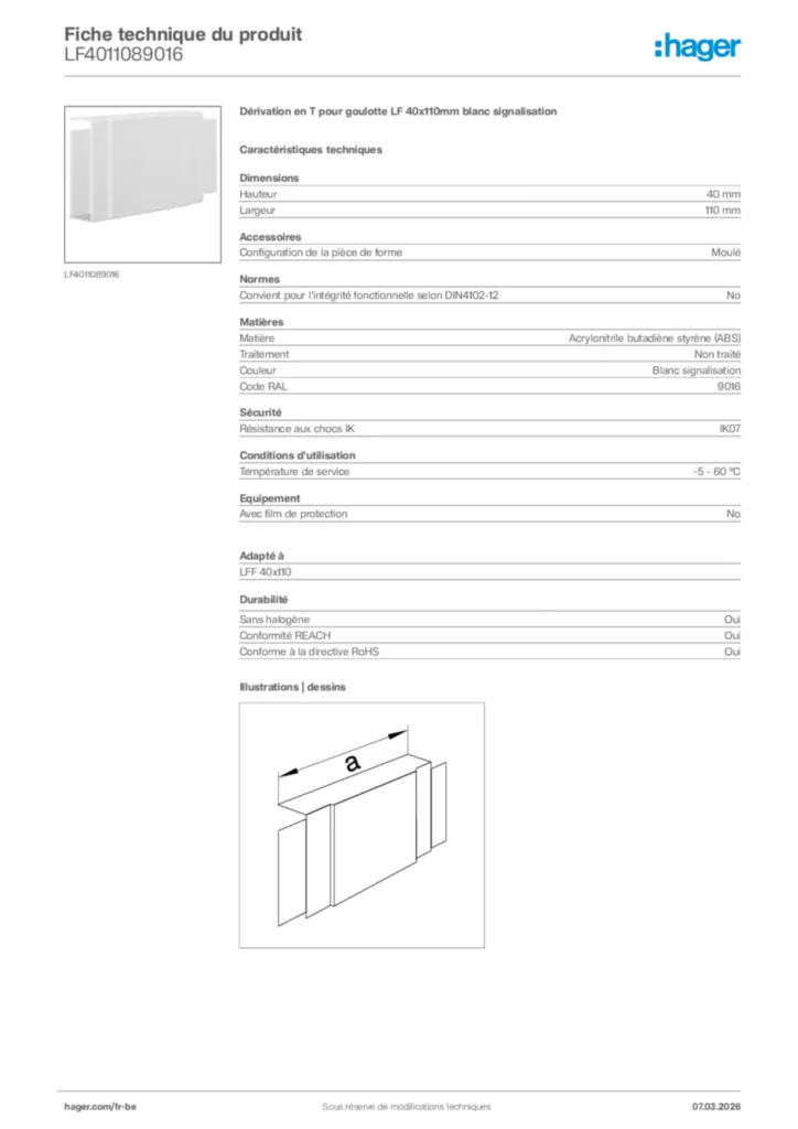 Image Hager Fiche technique du produit LF4011089016 | Hager Belgique