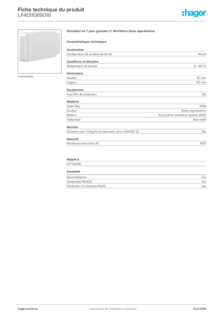 Image Hager Fiche technique du produit LF4011089016 | Hager Belgique