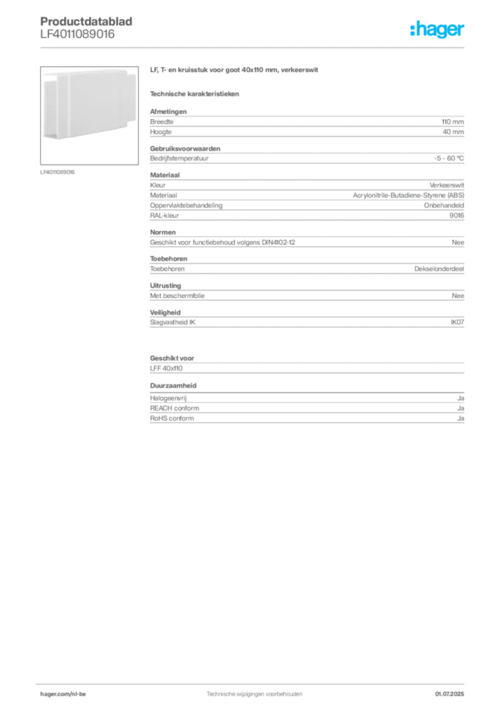 Afbeelding Hager Productdatablad LF4011089016 | Hager Belgium