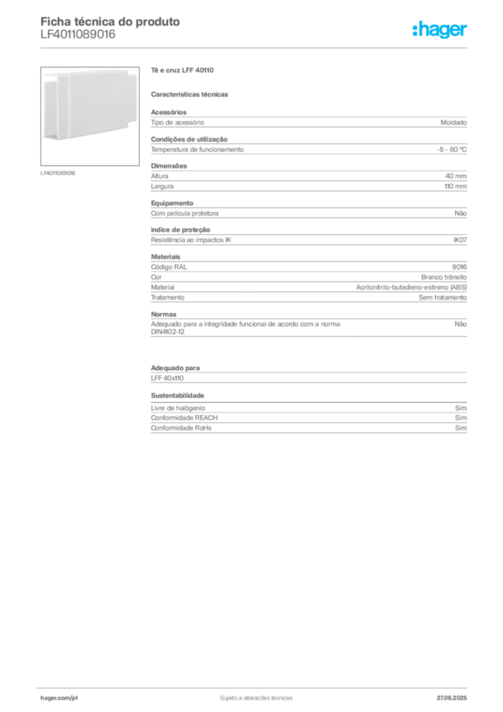 Imagem Hager Ficha técnica do produto LF4011089016 | Hager Portugal