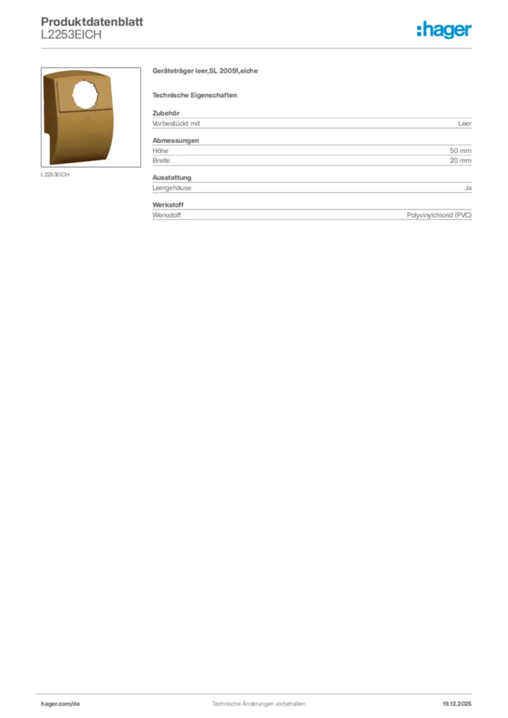 Bild Hager Produktdatenblatt L2253EICH | Hager Deutschland