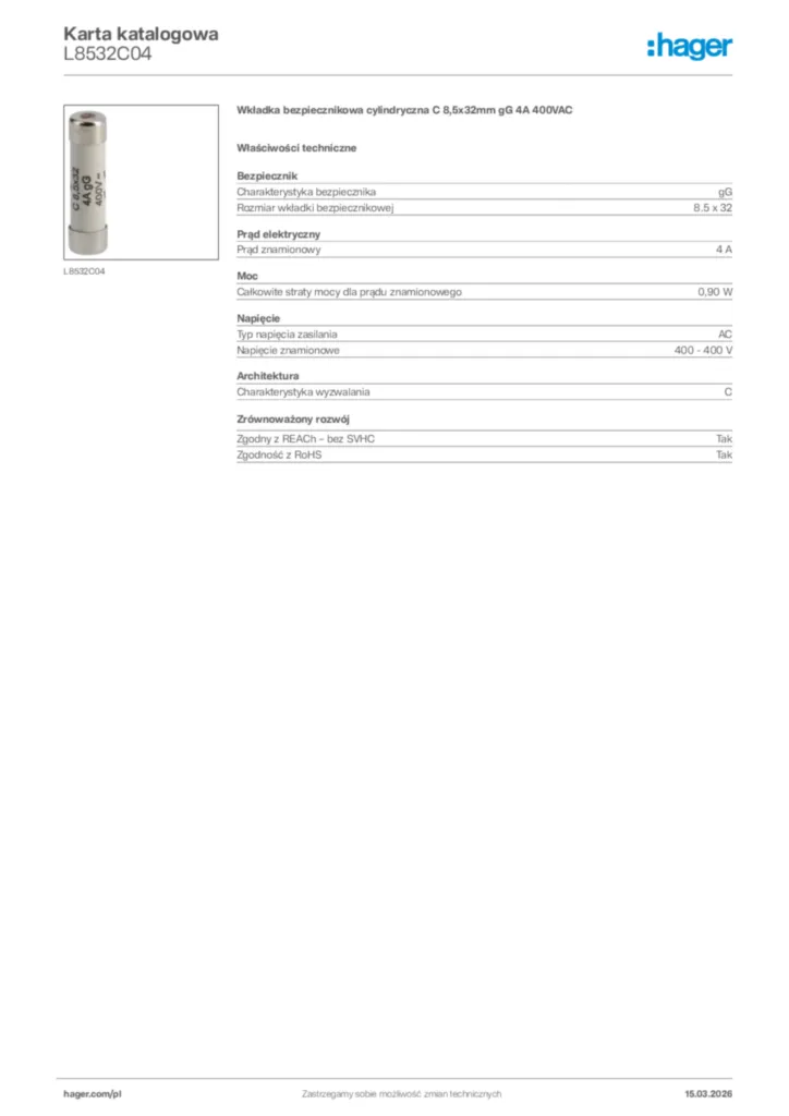 Zdjęcie Hager Karta katalogowa L8532C04 | Hager Polska