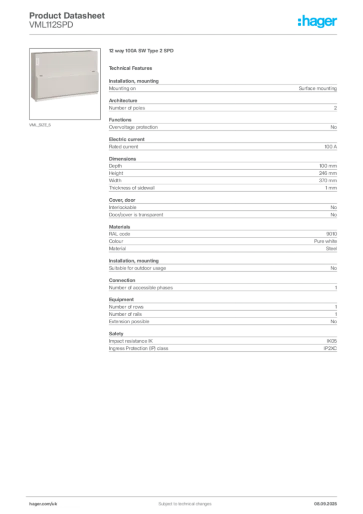 Image Hager Product data sheet VML112SPD  | Hager
