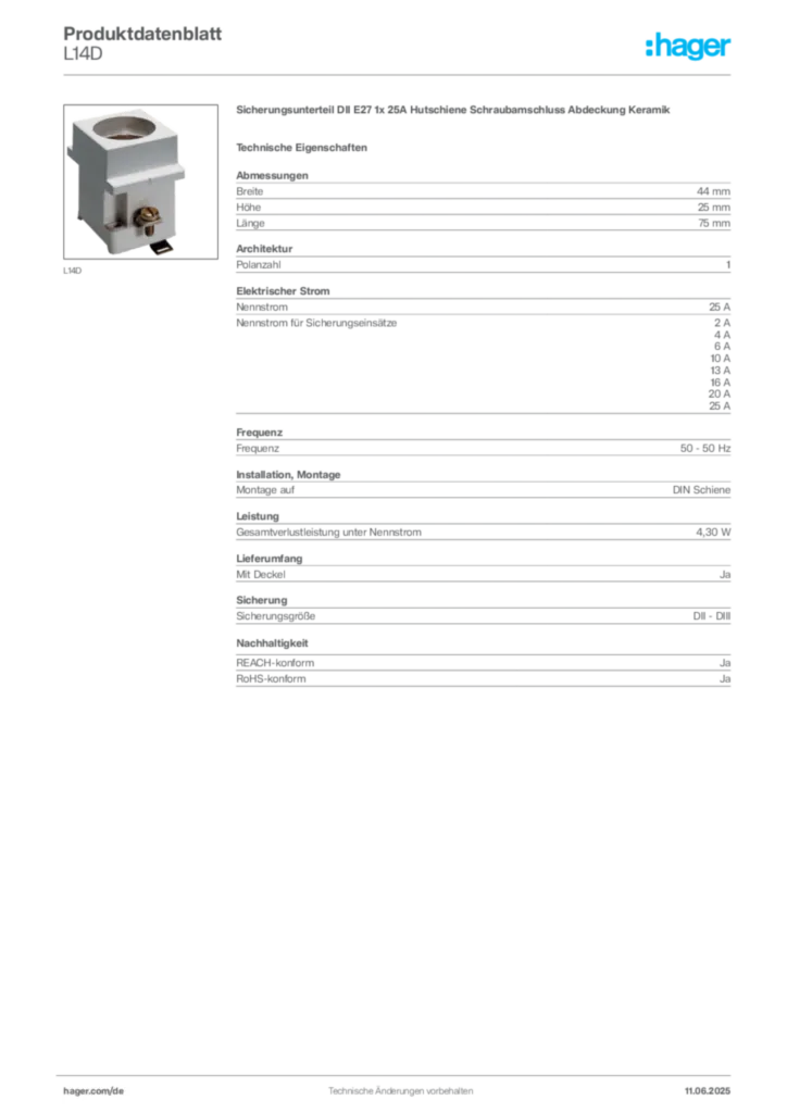 Bild Hager Produktdatenblatt L14D | Hager Deutschland