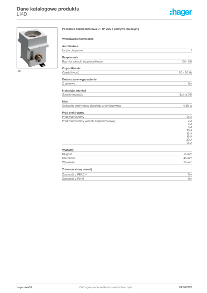 Zdjęcie Hager Karta katalogowa L14D | Hager Polska
