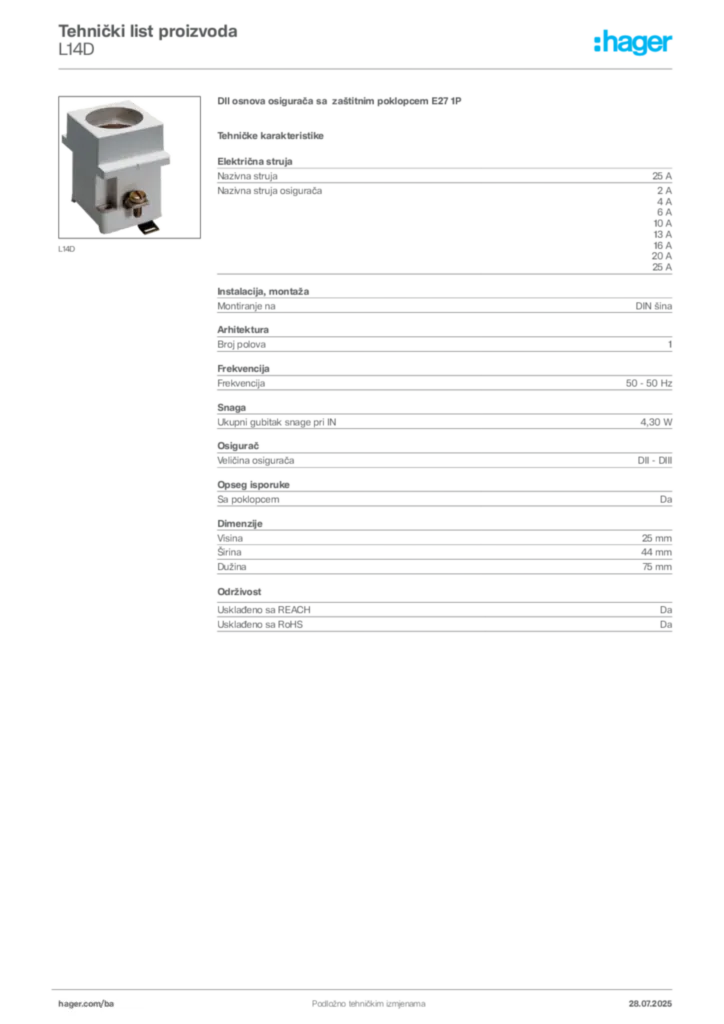 Slika Hager Product data sheet L14D  | Hager