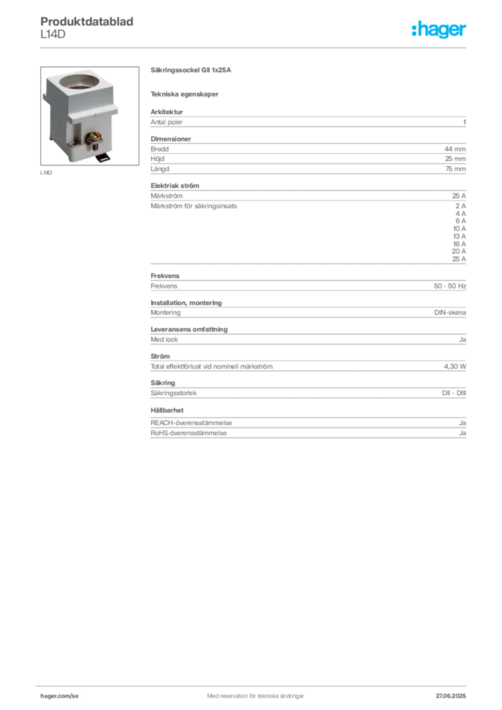 Bild Hager Produktdatablad L14D | Hager Sverige