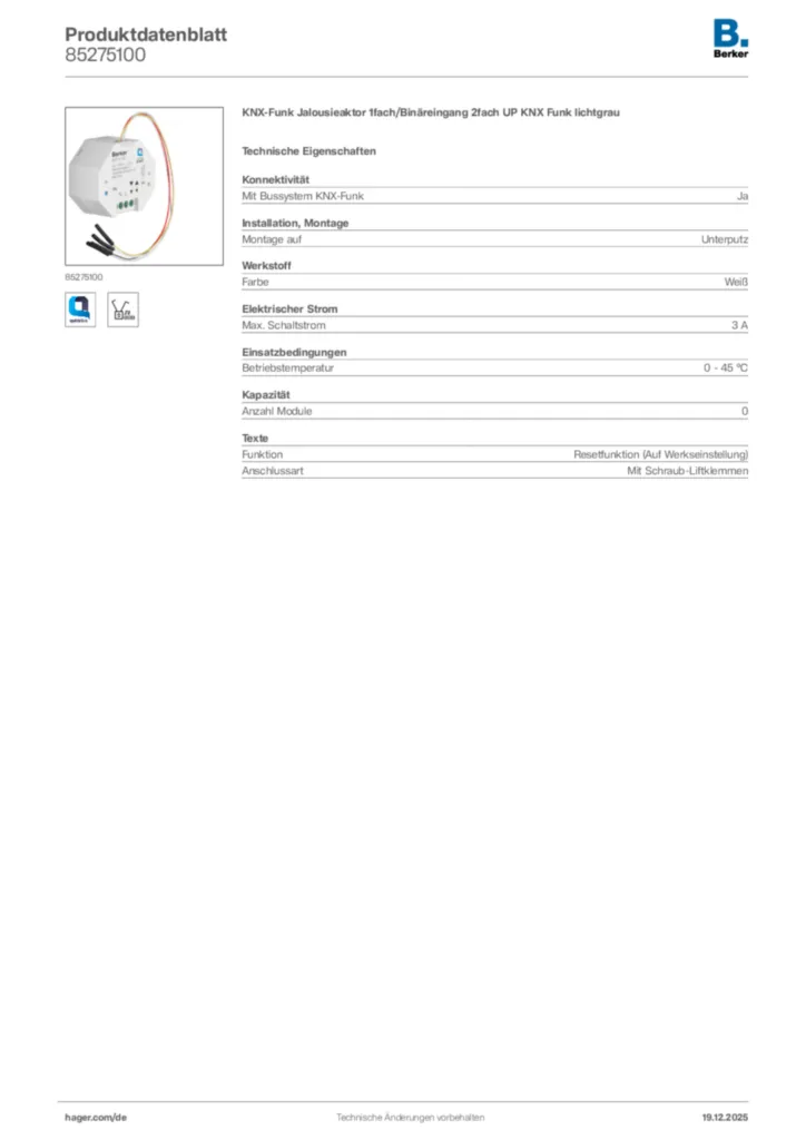 Bild Berker Produktdatenblatt 85275100 | Hager Deutschland