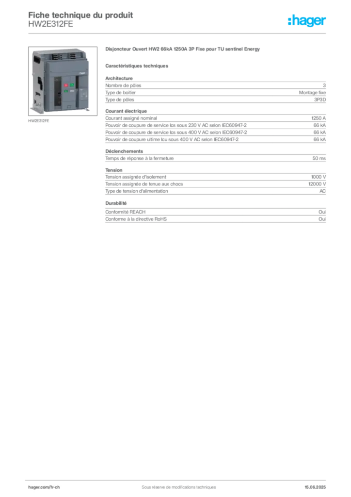 Image Hager Fiche technique du produit HW2E312FE | Hager Suisse