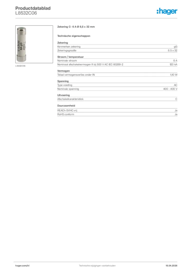 Afbeelding Hager Productdatablad L8532C06 | Hager Nederland