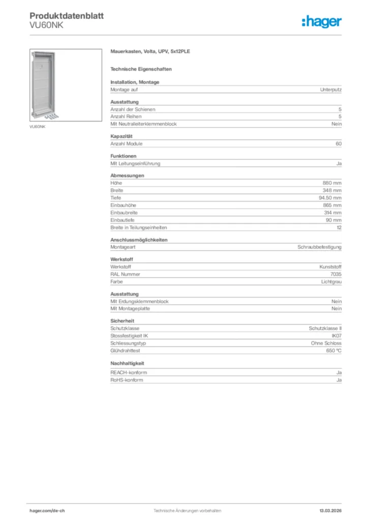 Bild Hager Produktdatenblatt VU60NK | Hager Schweiz