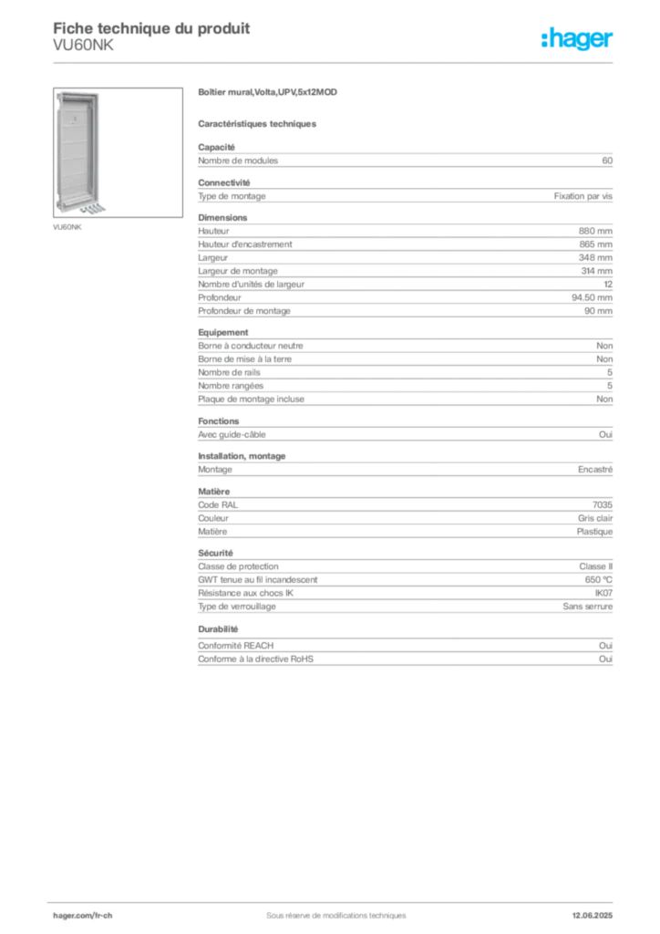 Image Hager Fiche technique du produit VU60NK | Hager Suisse