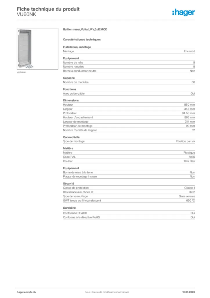 Image Hager Fiche technique du produit VU60NK | Hager Suisse