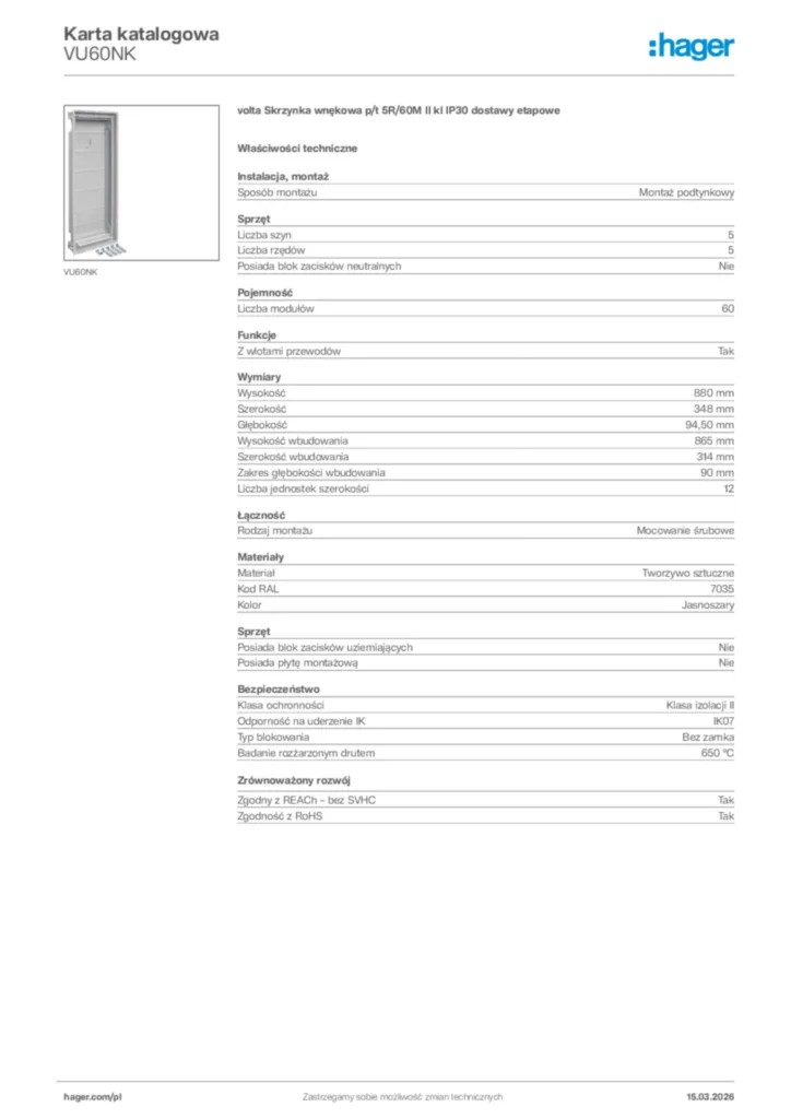 Zdjęcie Hager Karta katalogowa VU60NK | Hager Polska