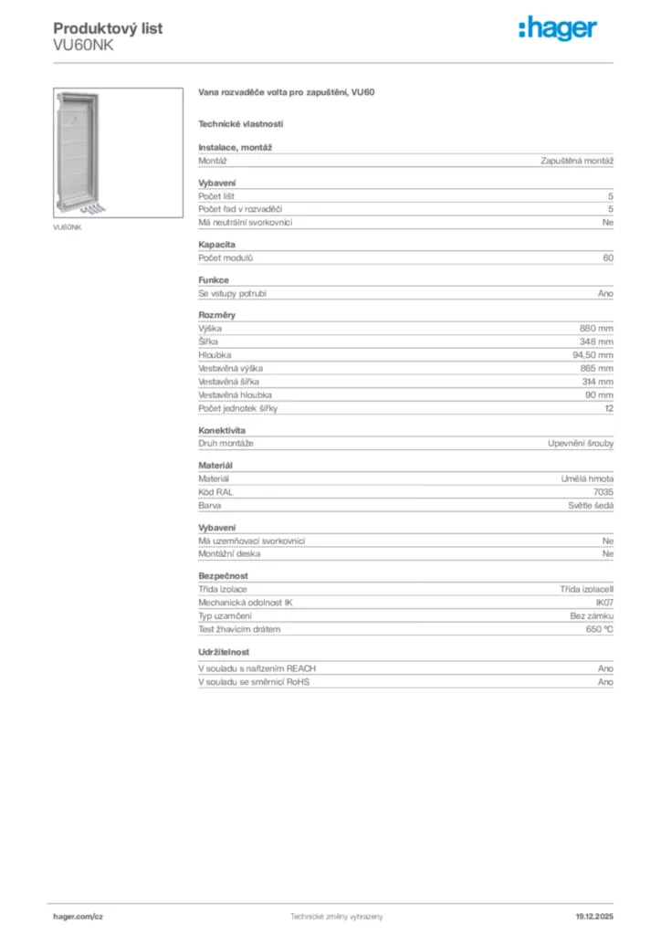 Obrázek Hager Produktový list VU60NK | Hager