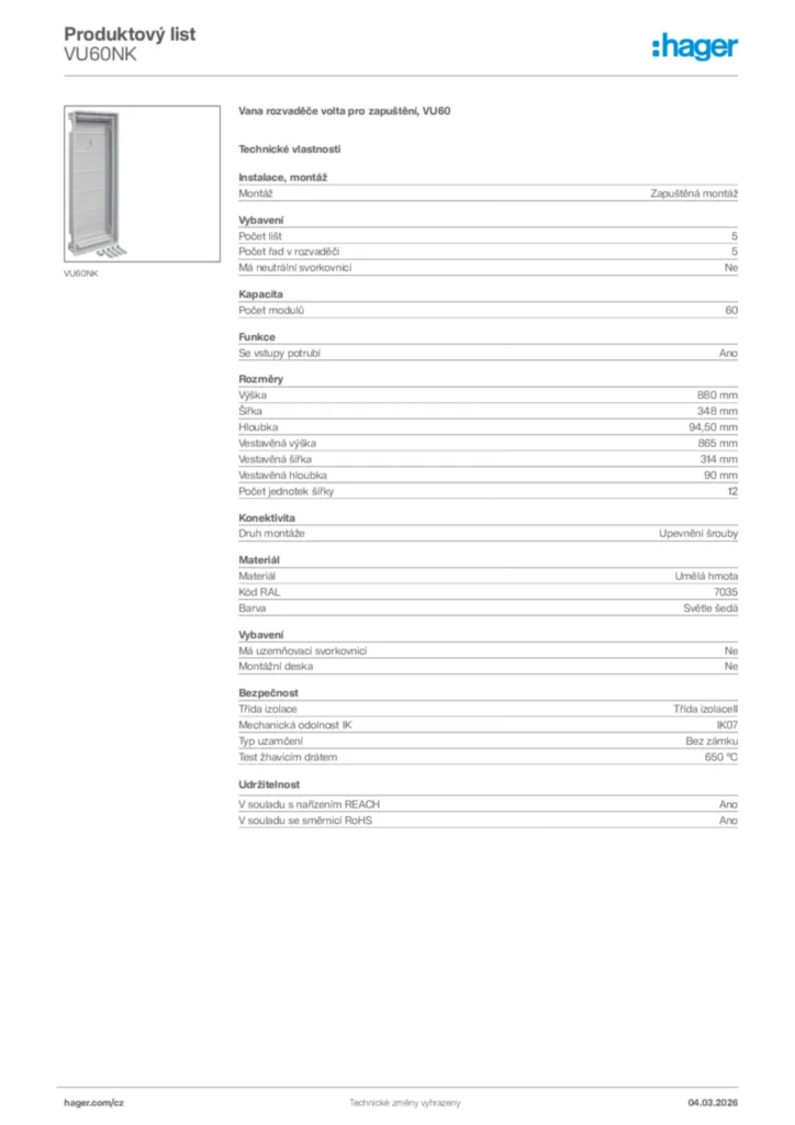 Obrázek Hager Product data sheet VU60NK | Hager