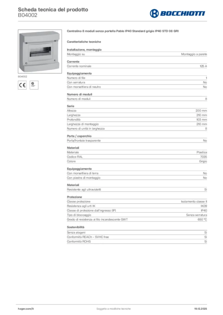 Immagine Bocchiotti Scheda tecnica del prodotto B04002 | Hager Italia