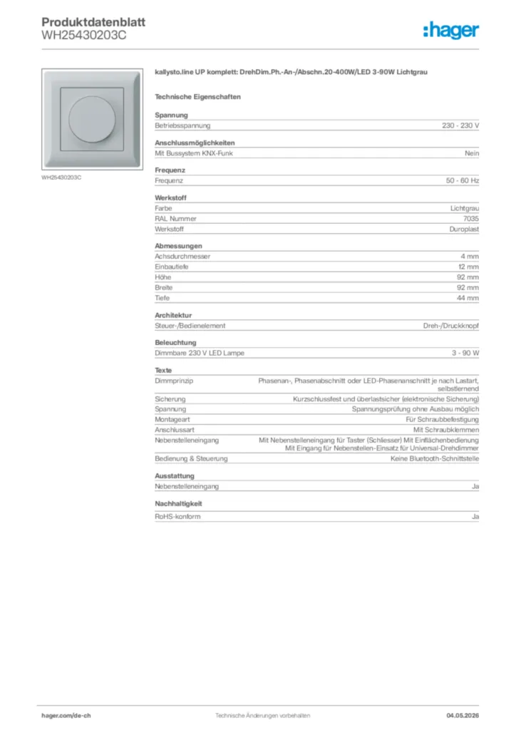 Bild Hager Produktdatenblatt WH25430203C | Hager Schweiz