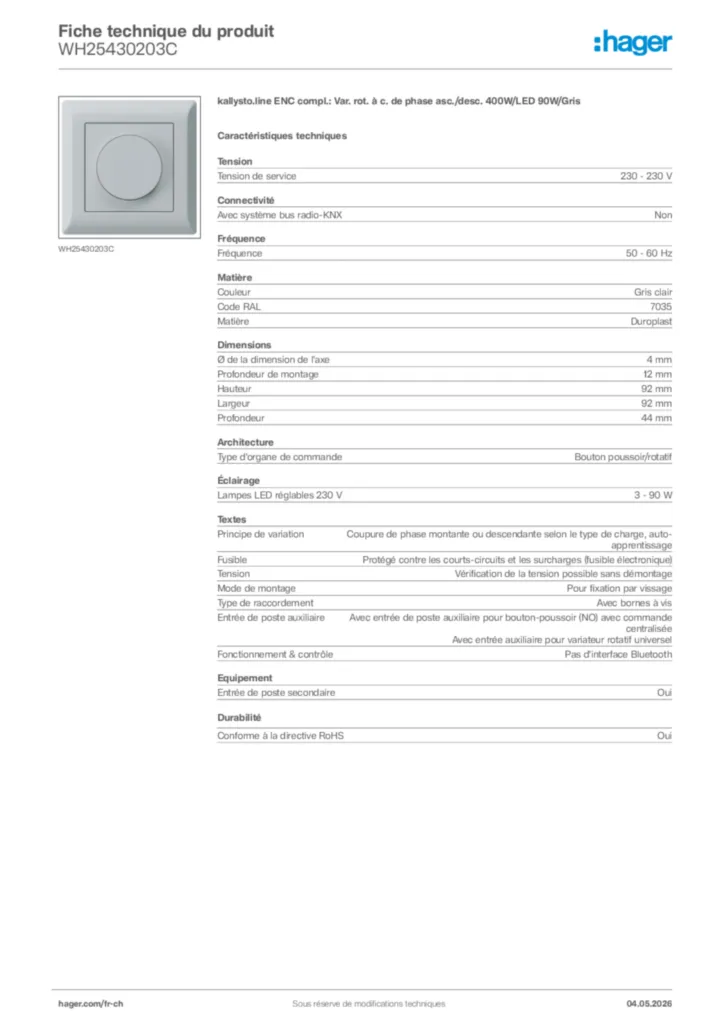 Image Hager Fiche technique du produit WH25430203C | Hager Suisse
