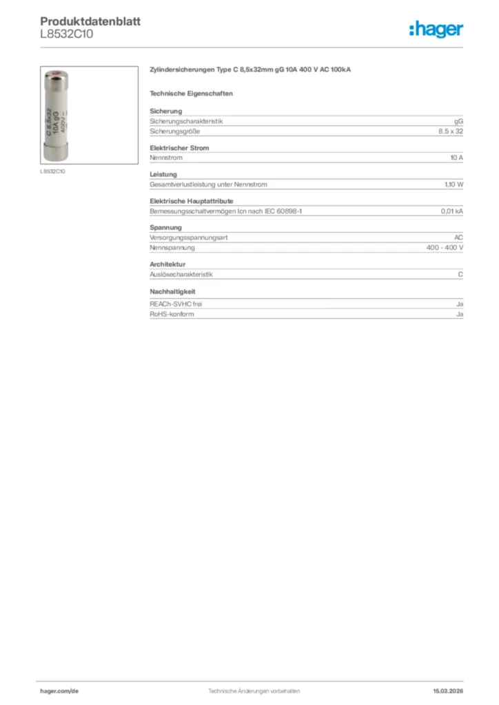 Bild Hager Produktdatenblatt L8532C10 | Hager Deutschland