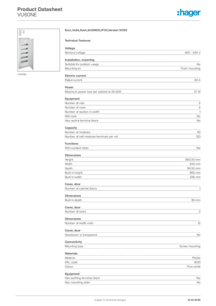 Image Hager Product data sheet VU60NE  | Hager Africa