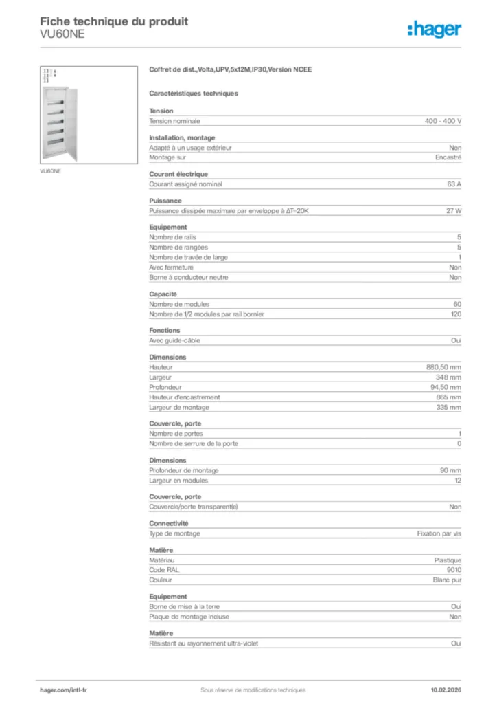 Image Hager Fiche technique du produit VU60NE | Hager Afrique