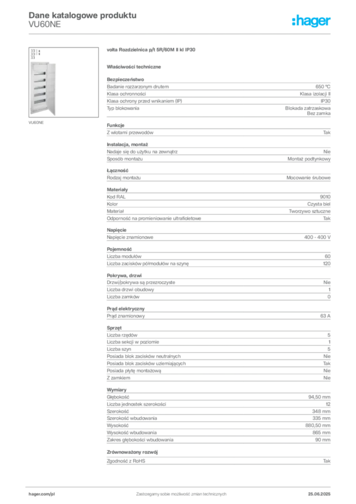 Zdjęcie Hager Karta katalogowa VU60NE | Hager Polska