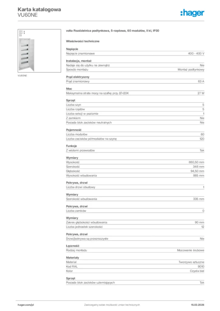 Zdjęcie Hager Karta katalogowa VU60NE | Hager Polska