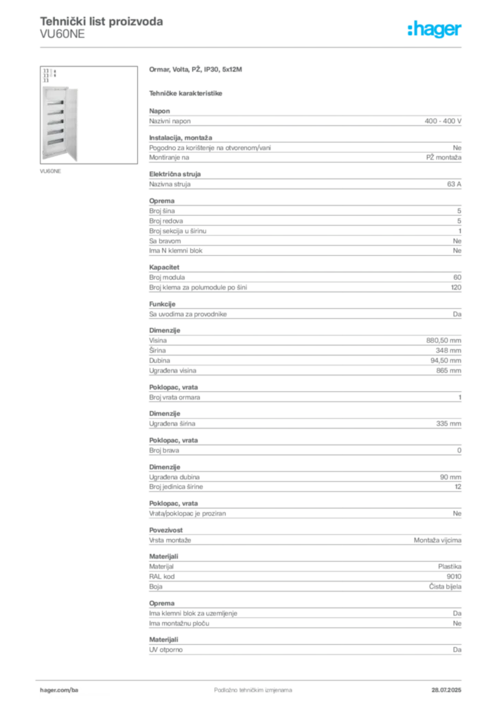 Slika Hager Product data sheet VU60NE  | Hager
