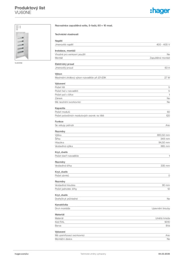 Obrázek Hager Product data sheet VU60NE | Hager