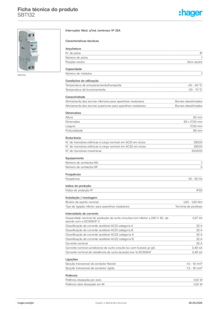 Imagem Hager Ficha técnica do produto SBT132 | Hager Portugal
