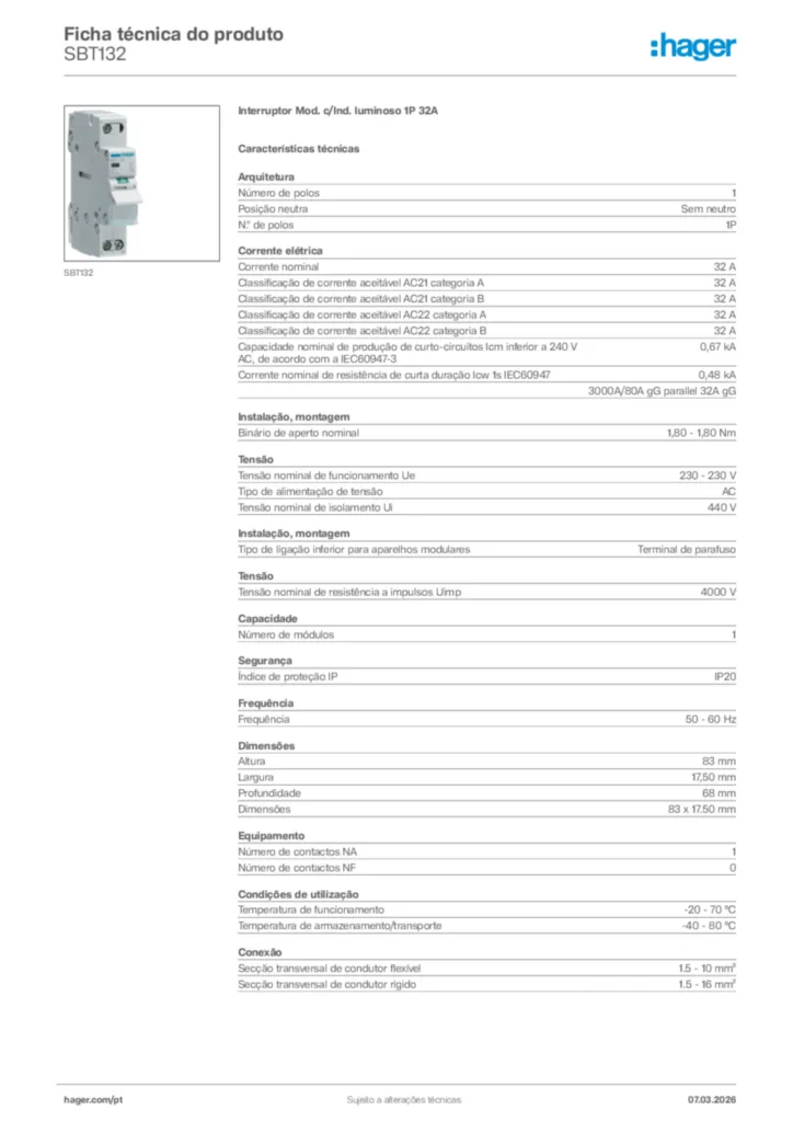 Imagem Hager Ficha técnica do produto SBT132 | Hager Portugal