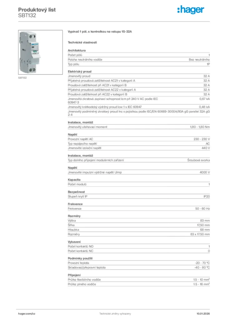 Obrázek Hager Product data sheet SBT132 | Hager