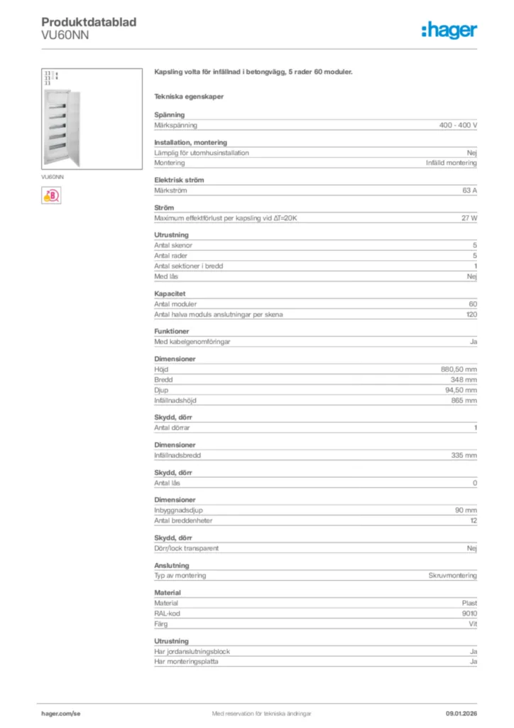 Bild Hager Produktdatablad VU60NN | Hager Sverige