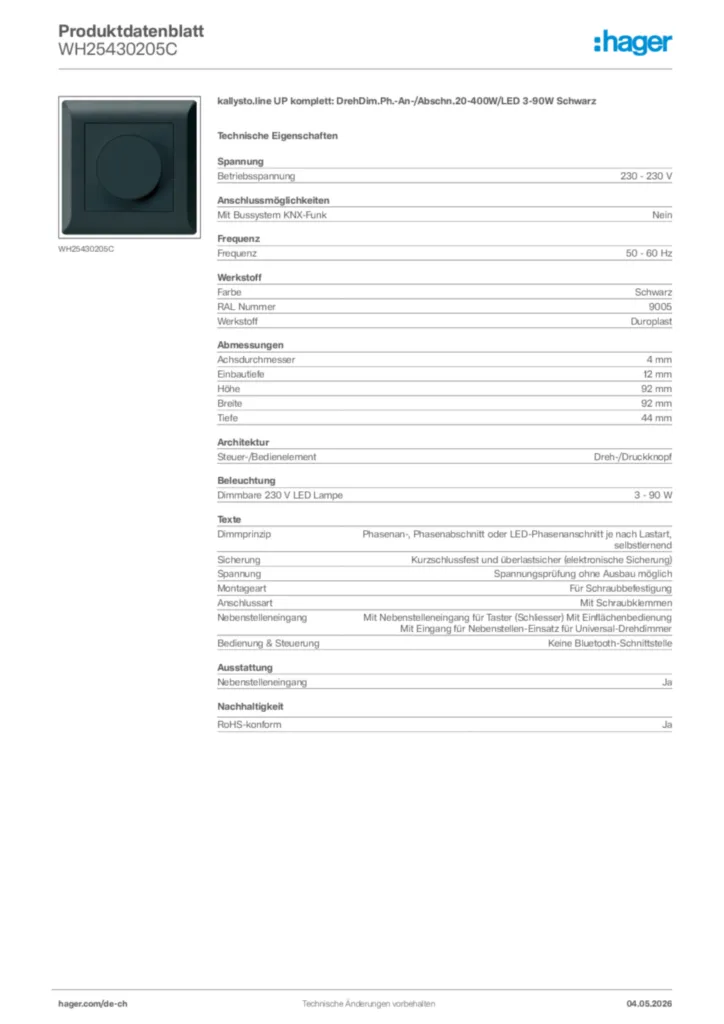 Bild Hager Produktdatenblatt WH25430205C | Hager Schweiz