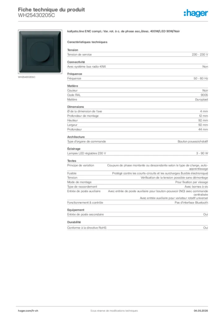 Image Hager Fiche technique du produit WH25430205C | Hager Suisse