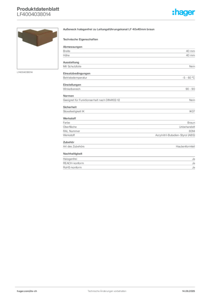 Bild Hager Produktdatenblatt LF4004038014 | Hager Schweiz