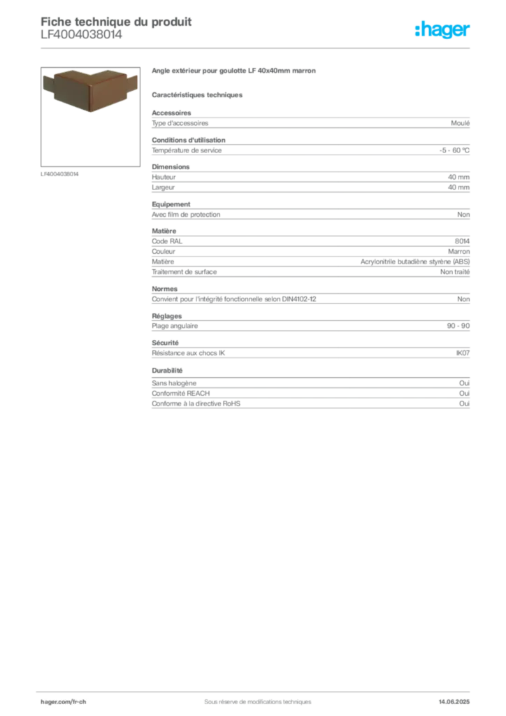 Image Hager Fiche technique du produit LF4004038014 | Hager Suisse