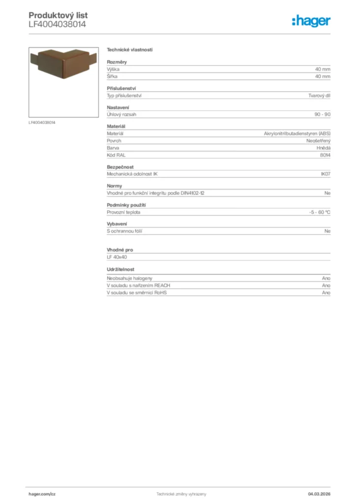 Obrázek Hager Product data sheet LF4004038014 | Hager