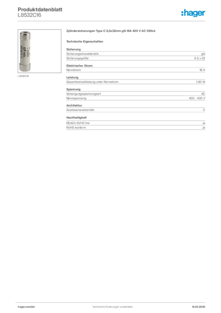 Bild Hager Produktdatenblatt L8532C16 | Hager Deutschland