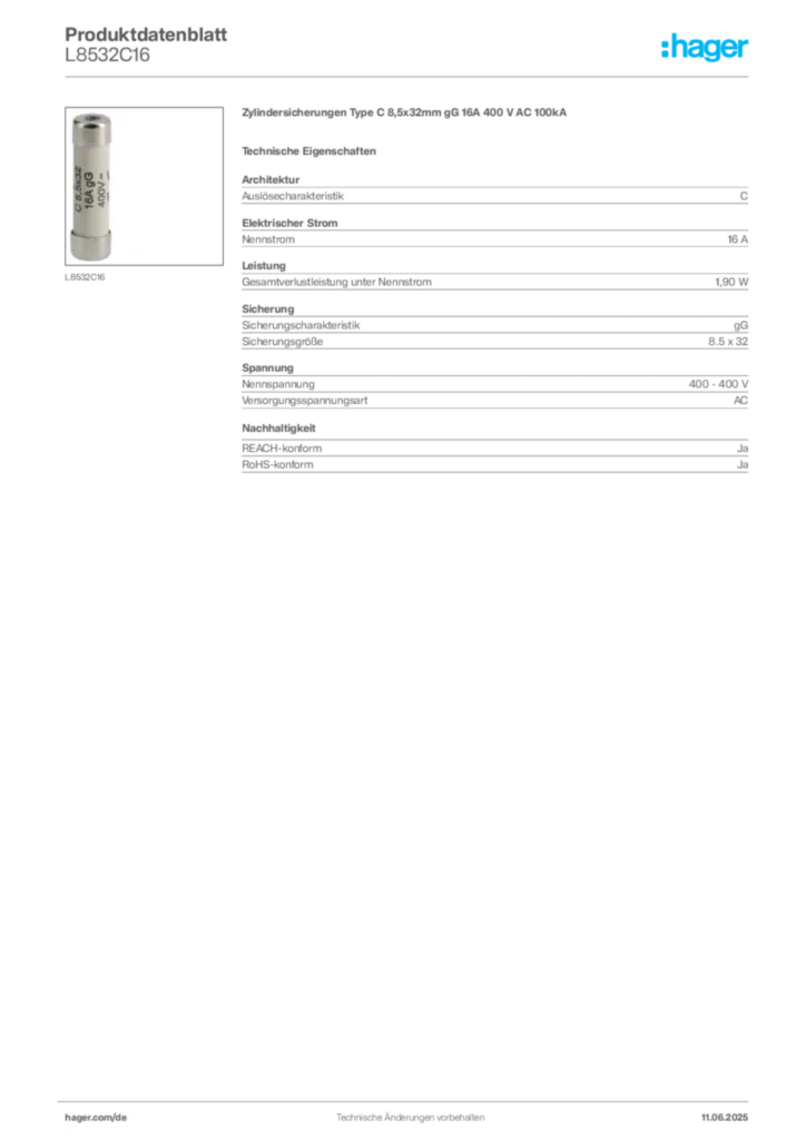 Bild Hager Produktdatenblatt L8532C16 | Hager Deutschland
