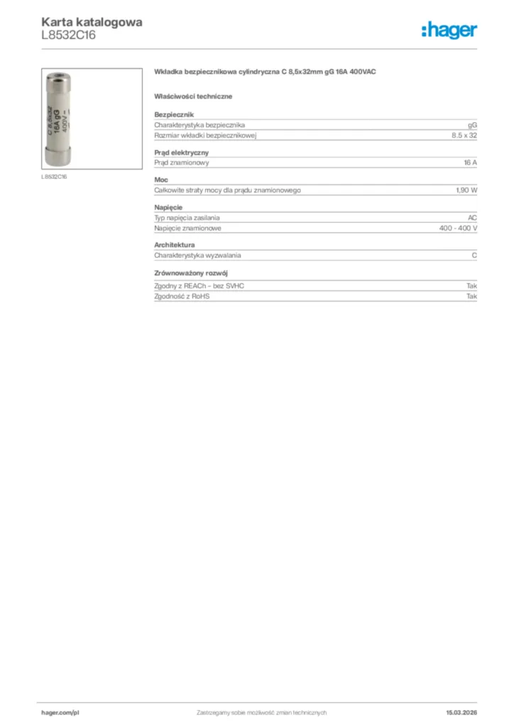 Zdjęcie Hager Karta katalogowa L8532C16 | Hager Polska