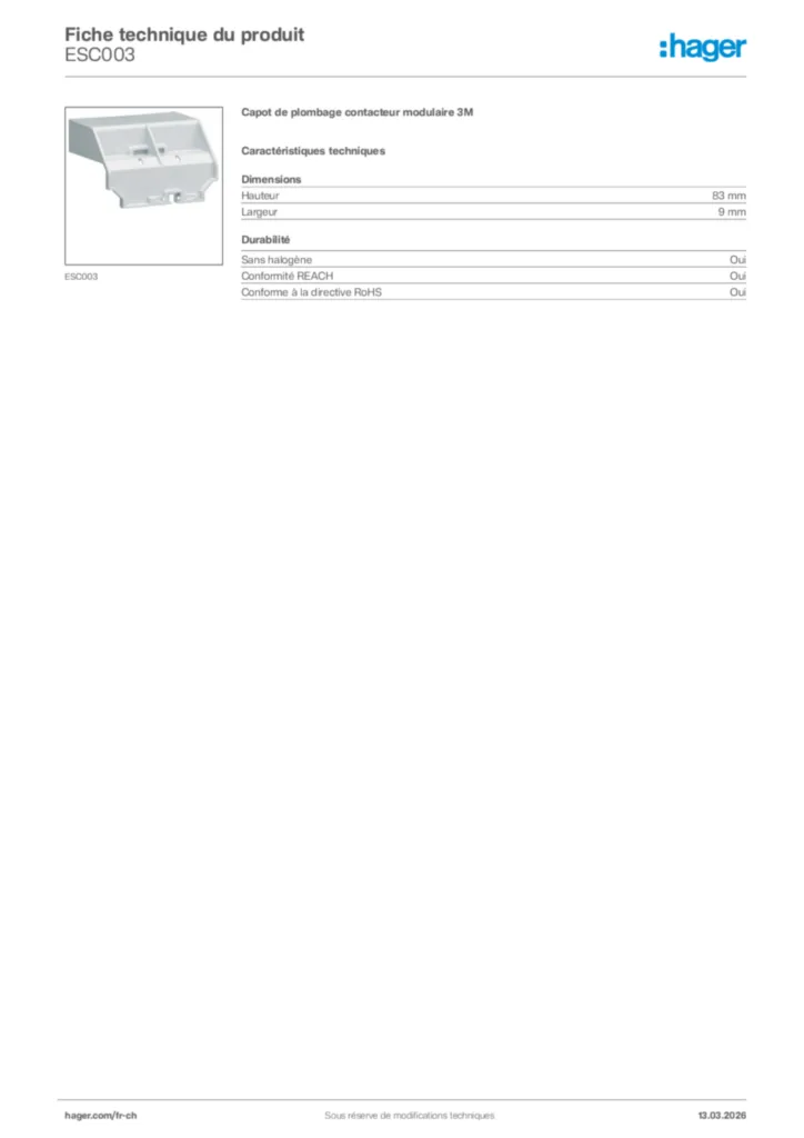 Image Hager Fiche technique du produit ESC003 | Hager Suisse