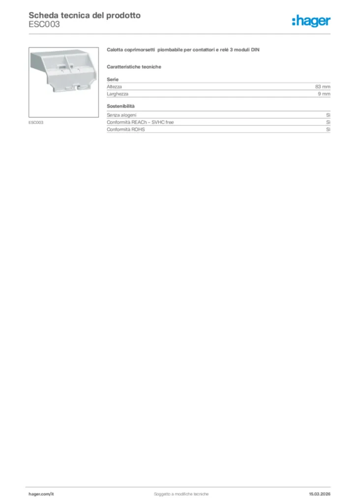 Immagine Hager Scheda tecnica del prodotto ESC003 | Hager Italia
