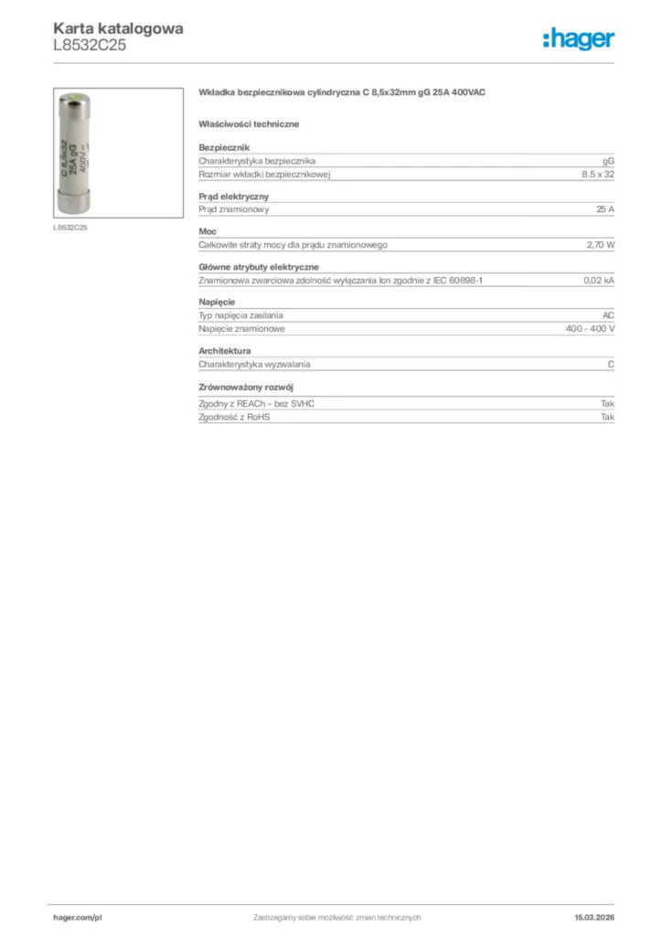 Zdjęcie Hager Karta katalogowa L8532C25 | Hager Polska