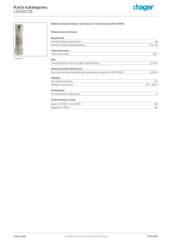 Zdjęcie Hager Karta katalogowa L8532C25 | Hager Polska