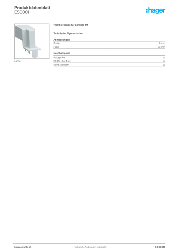 Bild Hager Produktdatenblatt ESC001 | Hager Schweiz