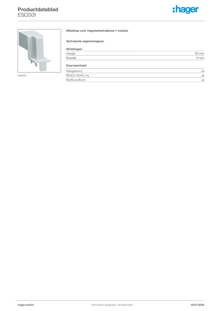 Afbeelding Hager Productdatablad ESC001 | Hager Nederland