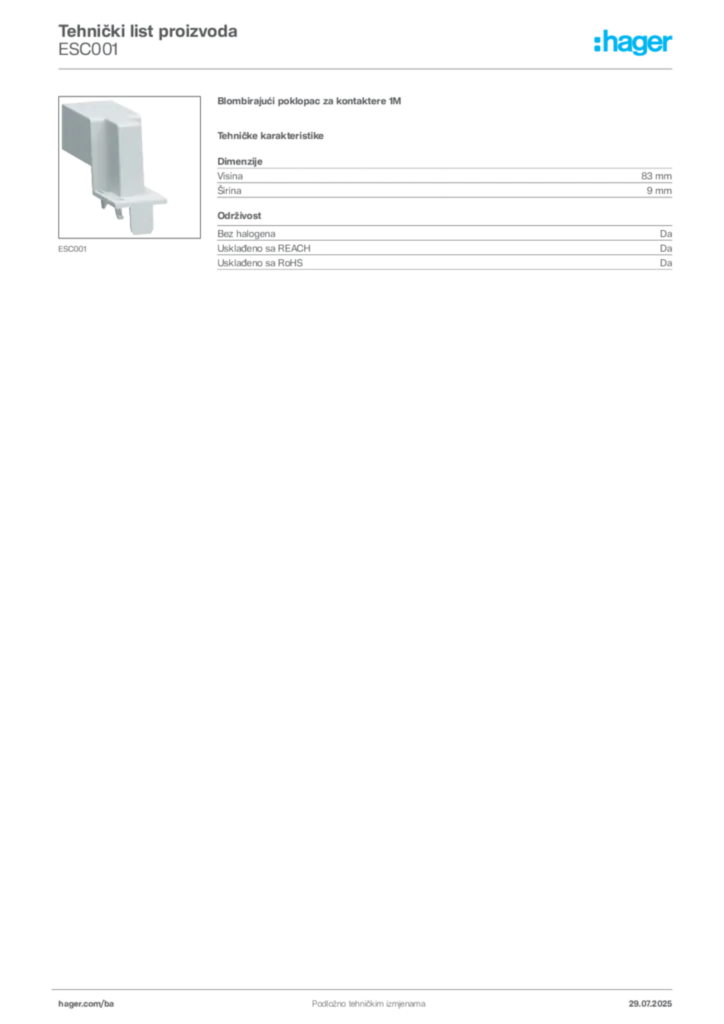 Slika Hager Product data sheet ESC001  | Hager