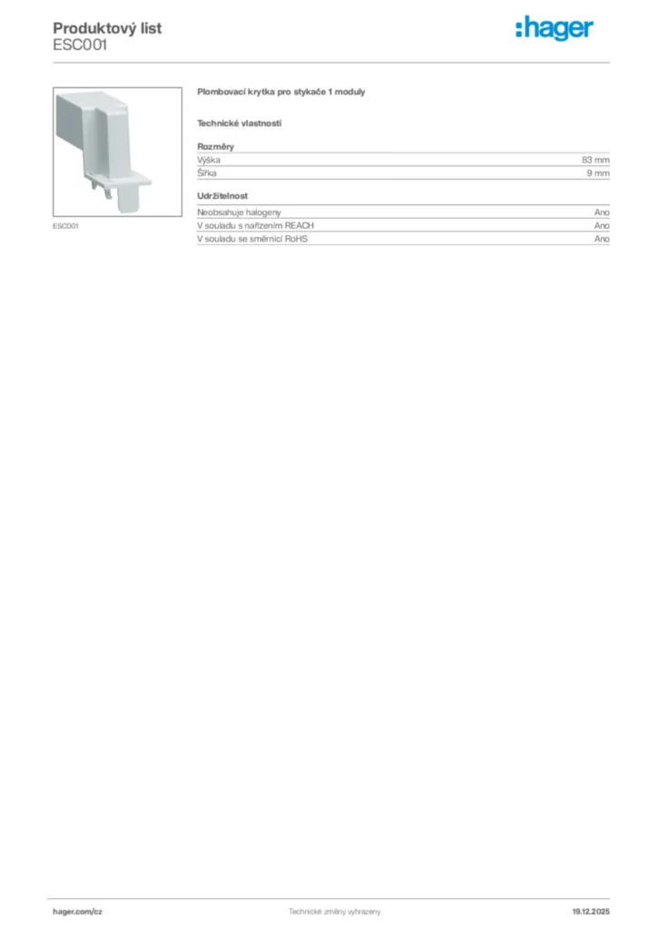 Obrázek Hager Produktový list ESC001 | Hager